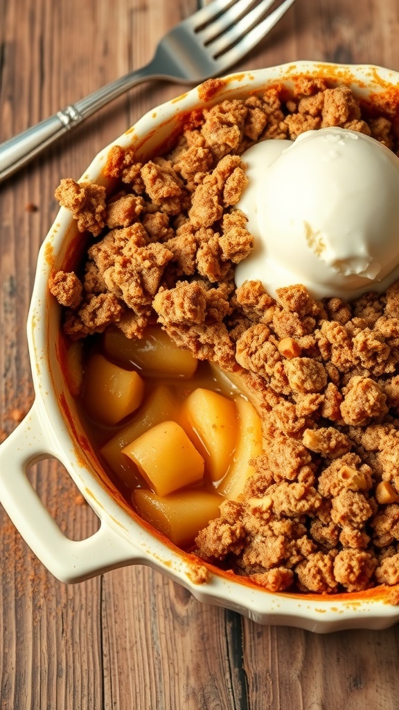 A delicious apple crumble with a golden topping and ice cream on a rustic table.